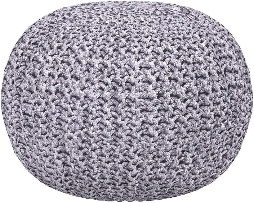 BIRDROCK HOME Round Pouf Ottoman | Cotton Braided Foot Stool with Bean Bag Filling | Boho Foot Rest for Living Room & Bedroom | Compact & Comfortable Seating, Lightweight & Soft | Light Grey