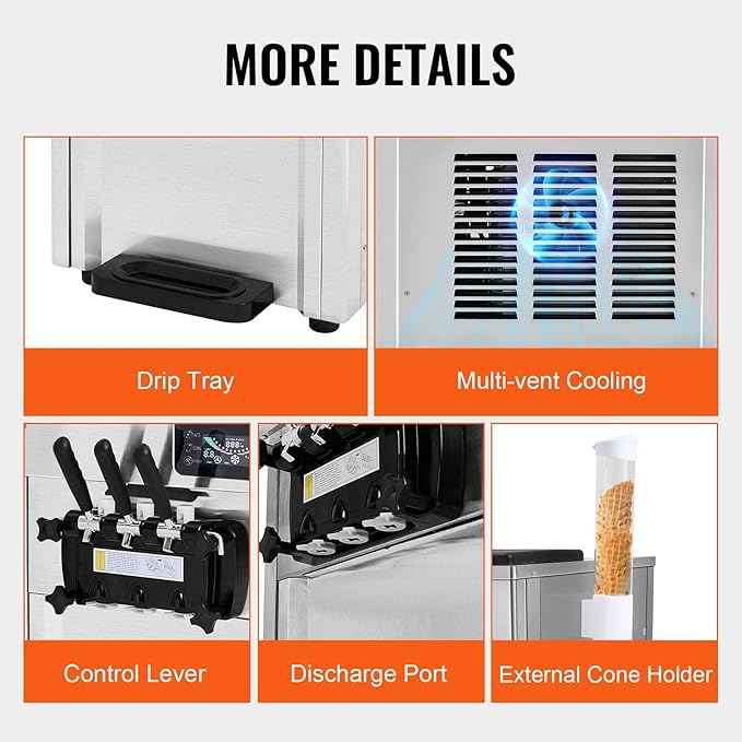 Happybuy Commercial Ice Cream Machine, 1850W, 18-28 L/H Yield, 3-Flavor Countertop Soft Serve Maker, 2 x 5.5L Stainless Steel Cylinder, LED Panel, Auto Clean & Pre-cooling, for Restaurant Bars