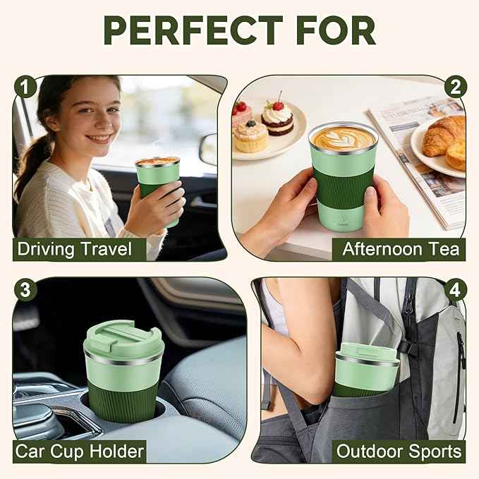 MOMSIV 12oz Travel Mug, Insulated Coffee Cup with Leakproof Lid, Vacuum Stainless Steel Double Walled Reusable Tumbler for Hot and Cold Water Coffee and Tea In Travel and Car (Green-380ml)