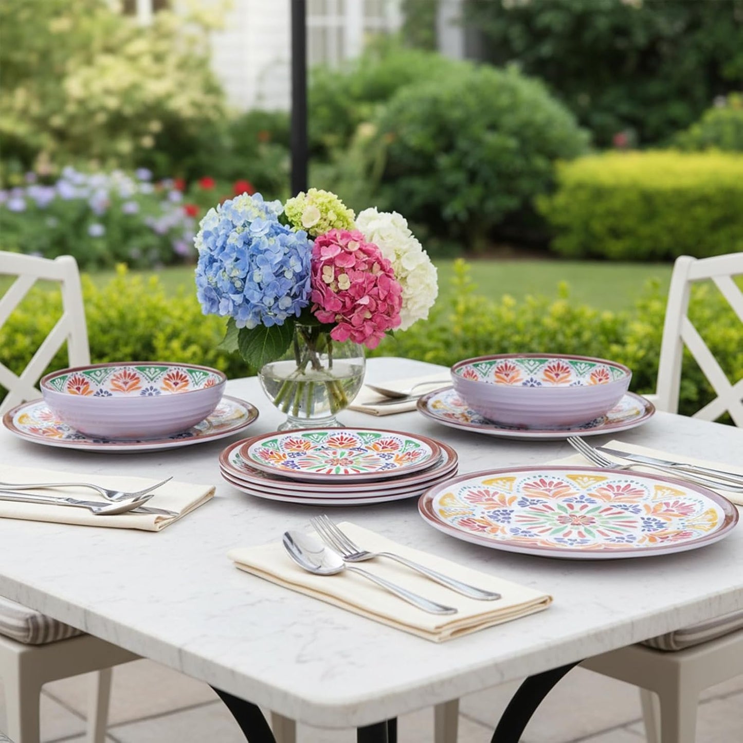 12-Piece Melamine Dinnerware Set,Service for 4, Durable Plate and Bowl, Floral Pattern Tableware for Parties & Home, Dinner Salad Dessert Plates, and Cereal Bowls Set,Housewarming Wedding Gift - Brown