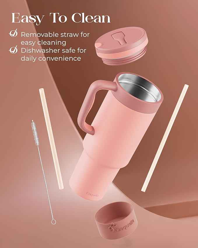 40 oz Insulated Tumbler with Handle and Push-Button Straw Lid, Stainless Steel Travel Cup for Gym Office, Leakproof, BPA-Free, Cup Holder Friendly, Bow Silicone Boot, (Peach Roasted)