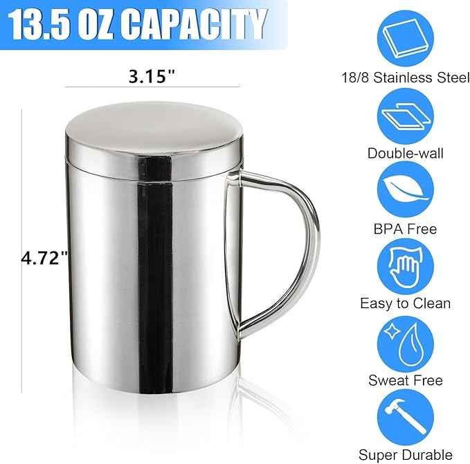 Yesland 2 Pack 13.5 oz (400ml) Stainless Steel Double-Walled Metal Mugs - Perfect Size for Coffee & Tea, Insulated Cup with Lid and Handle, Thermal Camping Mugs for Hot and Cold Drinks