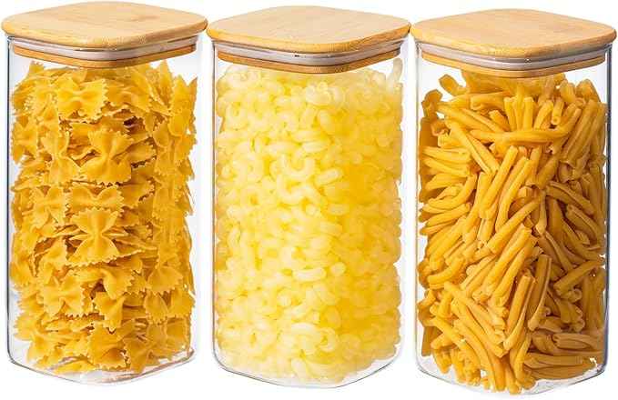 51oz 3PCS Glass Storage Container with Wood Lid for Kitchen Organization, Food Storage Pantry Jar with Airtight Lids for Cereal, Oat, Pasta, Flour, Rice, Sugar, Tea, Coffee, Cookie, Candy