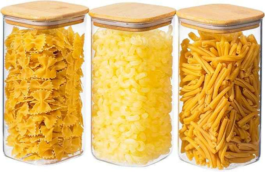 51oz 3PCS Glass Storage Container with Wood Lid for Kitchen Organization, Food Storage Pantry Jar with Airtight Lids for Cereal, Oat, Pasta, Flour, Rice, Sugar, Tea, Coffee, Cookie, Candy