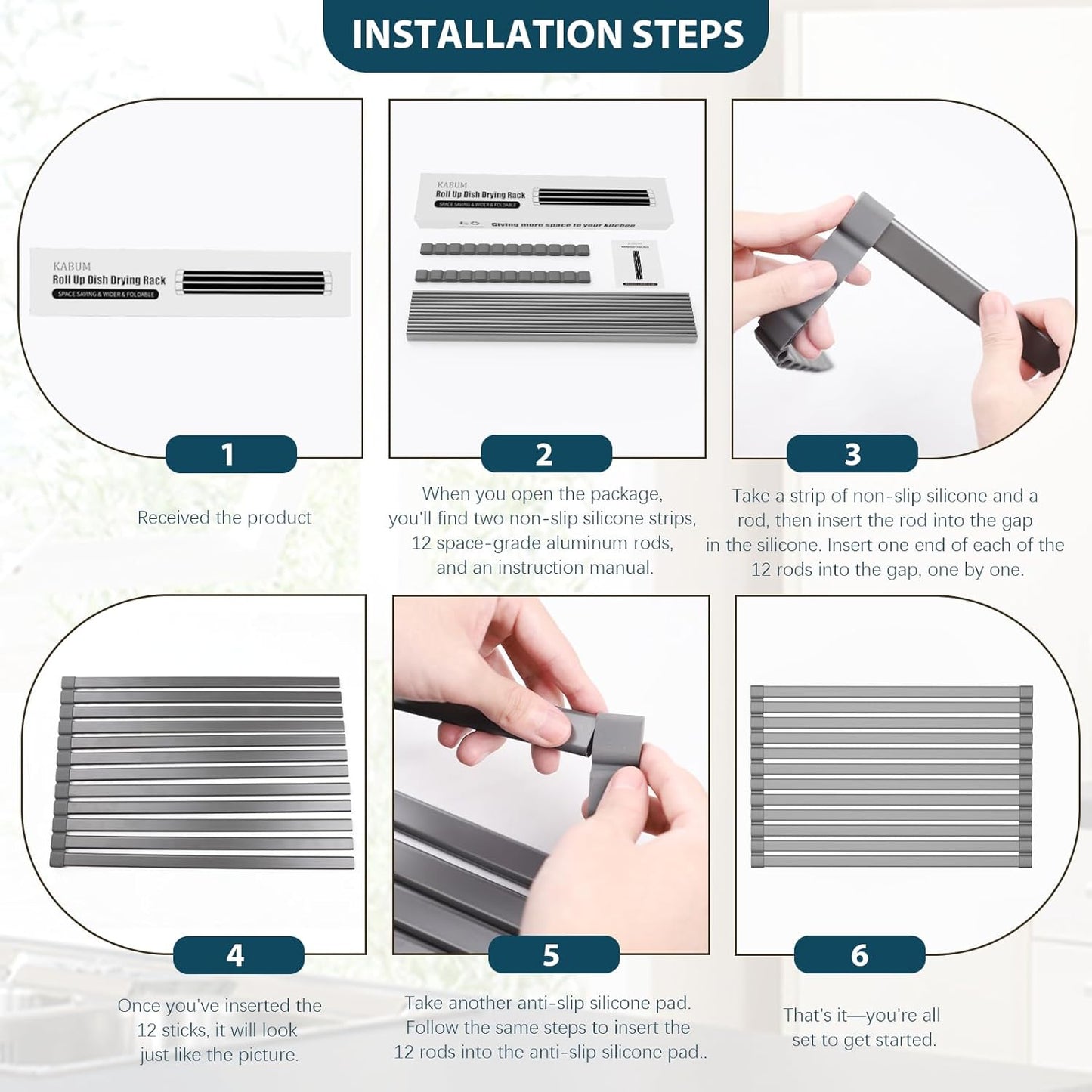 KABUM 17.72x11.81 Heavy-Duty Aluminum Alloy Roll Up Dish Drying Rack, Food-Safe Coating with Anti-Skid Silicone, Extra Wide & Thickened Sink Drying Rack for Kitchen Counter, Space-Saving Organizer