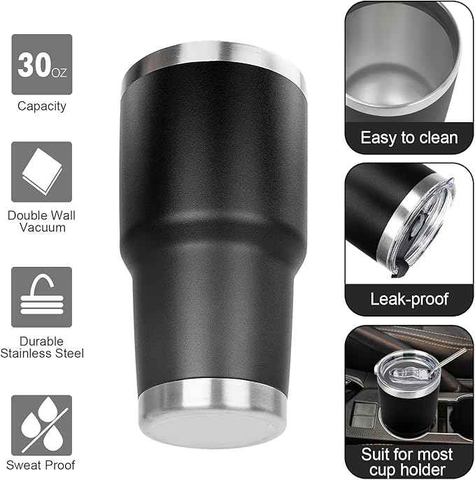 30 oz Tumbler with Lids and Straws Double Wall Vacuum Insulated Tumbler Cup,Stainless Steel Leak-proof Thermal Tumbler Powder Coated Travel Coffee Mug for Cold and Hot Drinks,Black