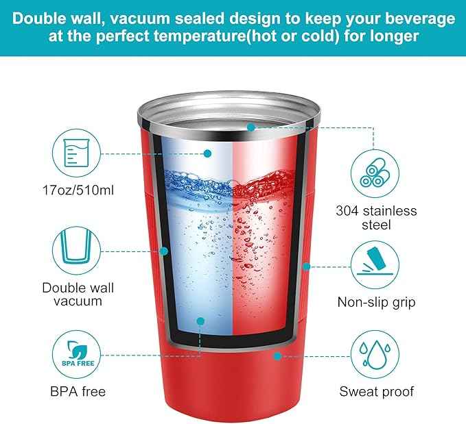 YINJAM 17oz Travel Coffee Mug Insulated Coffee Cups to Go with Leakproof Lid Vacuum Stainless Steel Double Walled Thermal Car Coffee Tumbler for Hot Cold Ice Tea Drinks Reusable (Red, 17oz)