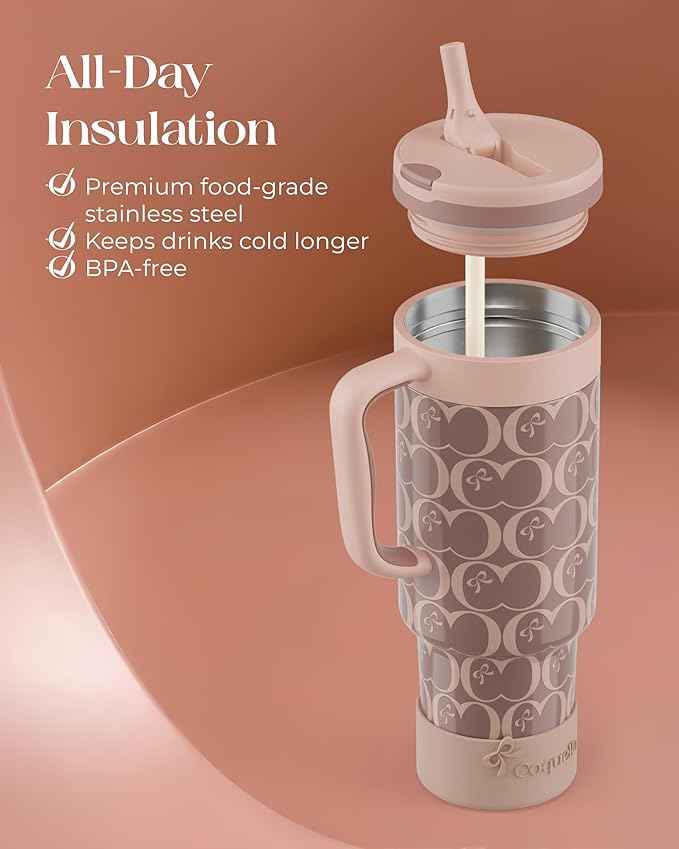 40 oz Insulated Tumbler with Handle and Push-Button Straw Lid, Stainless Steel Travel Cup for Gym Office, Leakproof, BPA-Free, Cup Holder Friendly, Bow Silicone Boot, Brown (C’ Espresso)