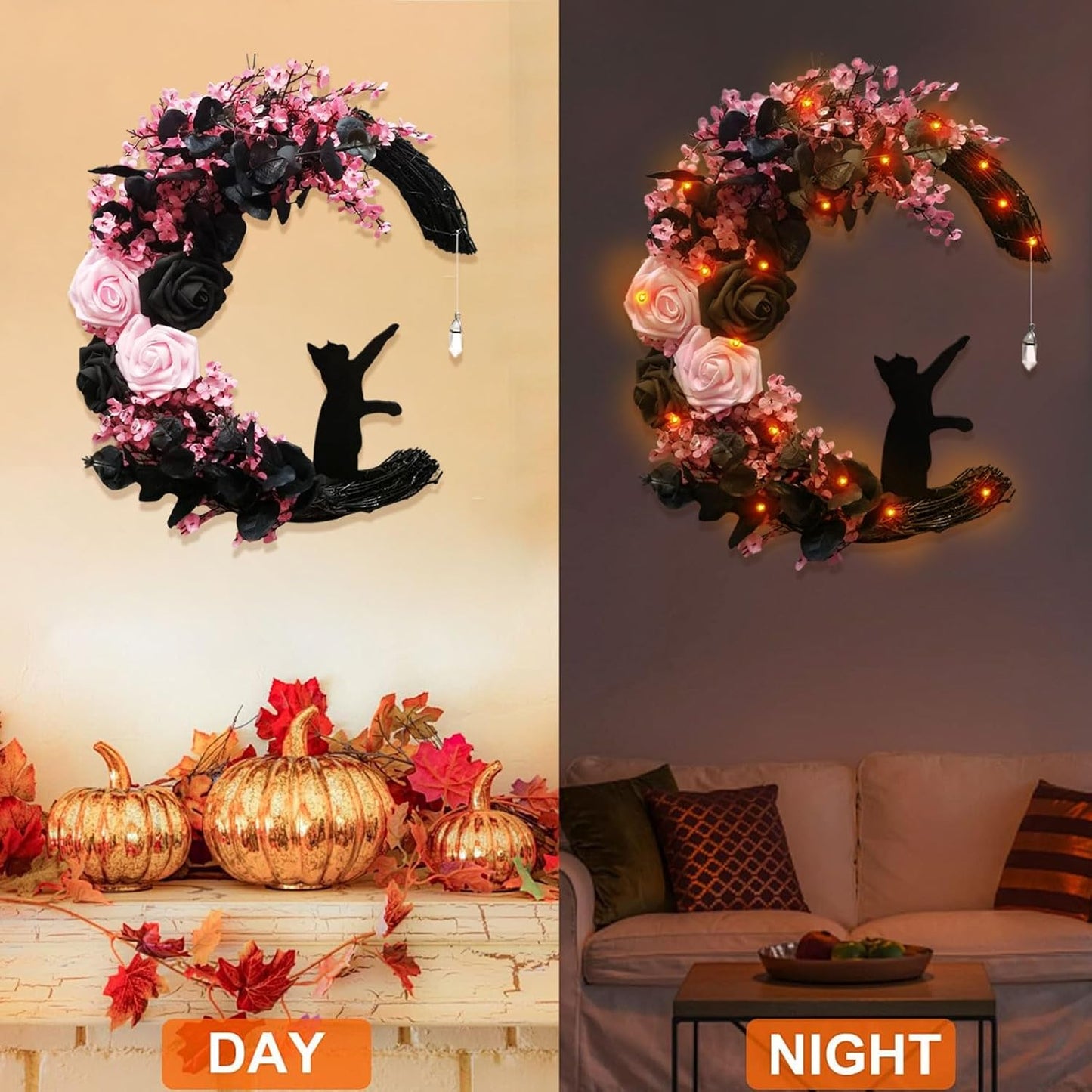 Halloween Wreaths for Front Door with Lights, Black Cat on Moon Garland with Rose Wreath Decor, Halloween Decorations Crescent Moon Wreath for Home Party Window Wall Indoor Outdoor (pink moon cat)