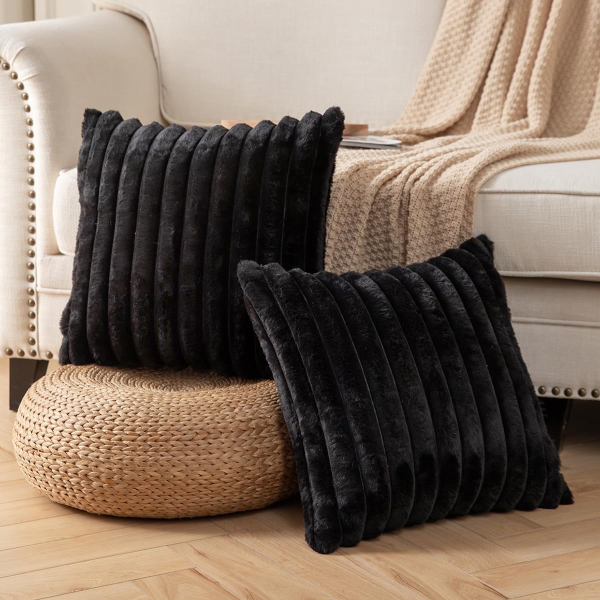 DEELAND Pack of 2,Double-Sided Faux Fur Plush Decorative Throw Pillow Covers Fuzzy Striped Soft Pillowcase Cushion Covers for Sofa Couch Bedroom Black 26x26 inch