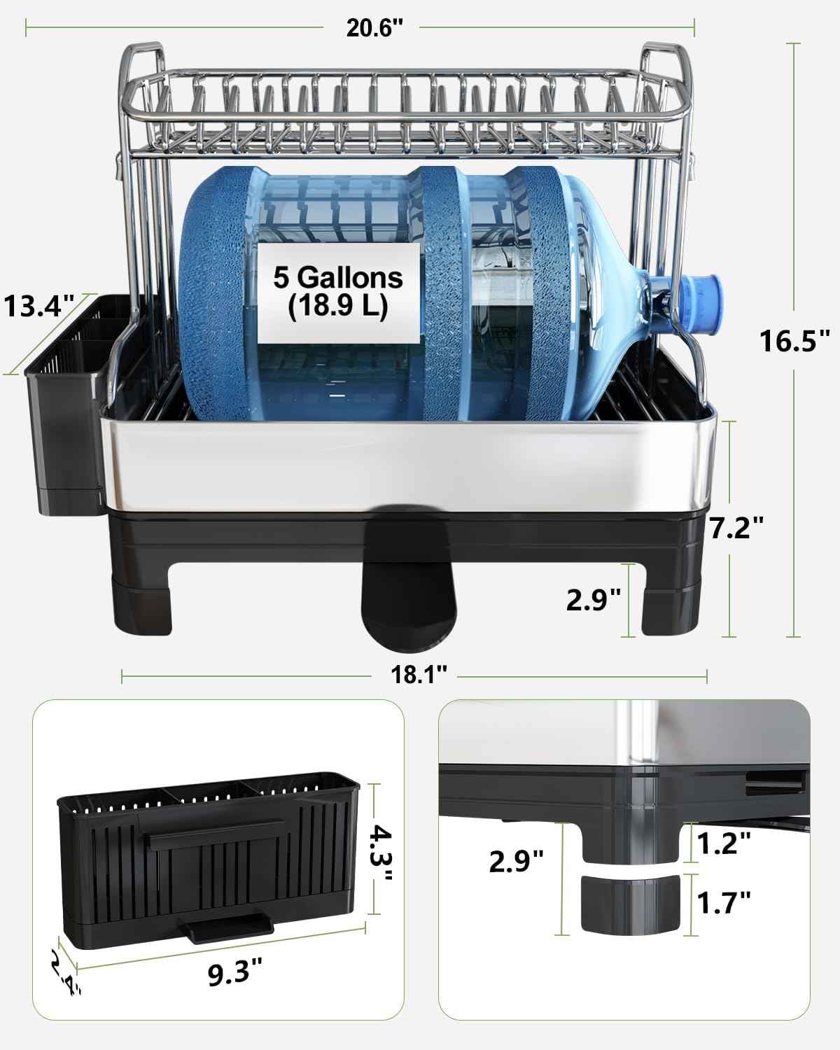 BOOSINY Extra Large Two Tier Stainless Steel Dish Drainer Drying Rack with Drainboard for Kitchen Counter, Modern Black and Silver, Rust Proof Metal, Space Saving Countertop Big Plate Dryer and Tray
