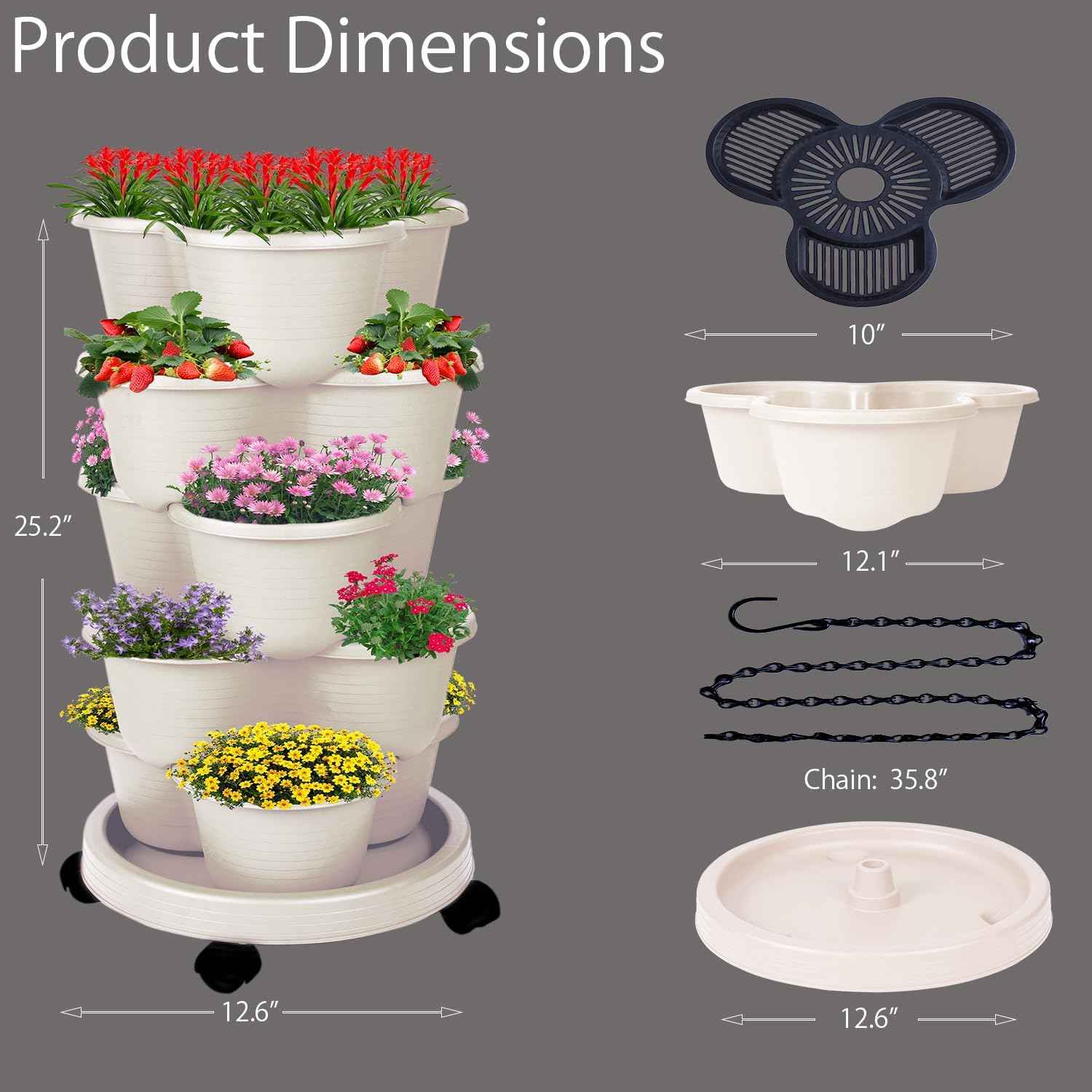 5-Tier Vertical Garden Tower Stackable Planter for Strawberries, Flowers, Vegetables & Herbs Beige