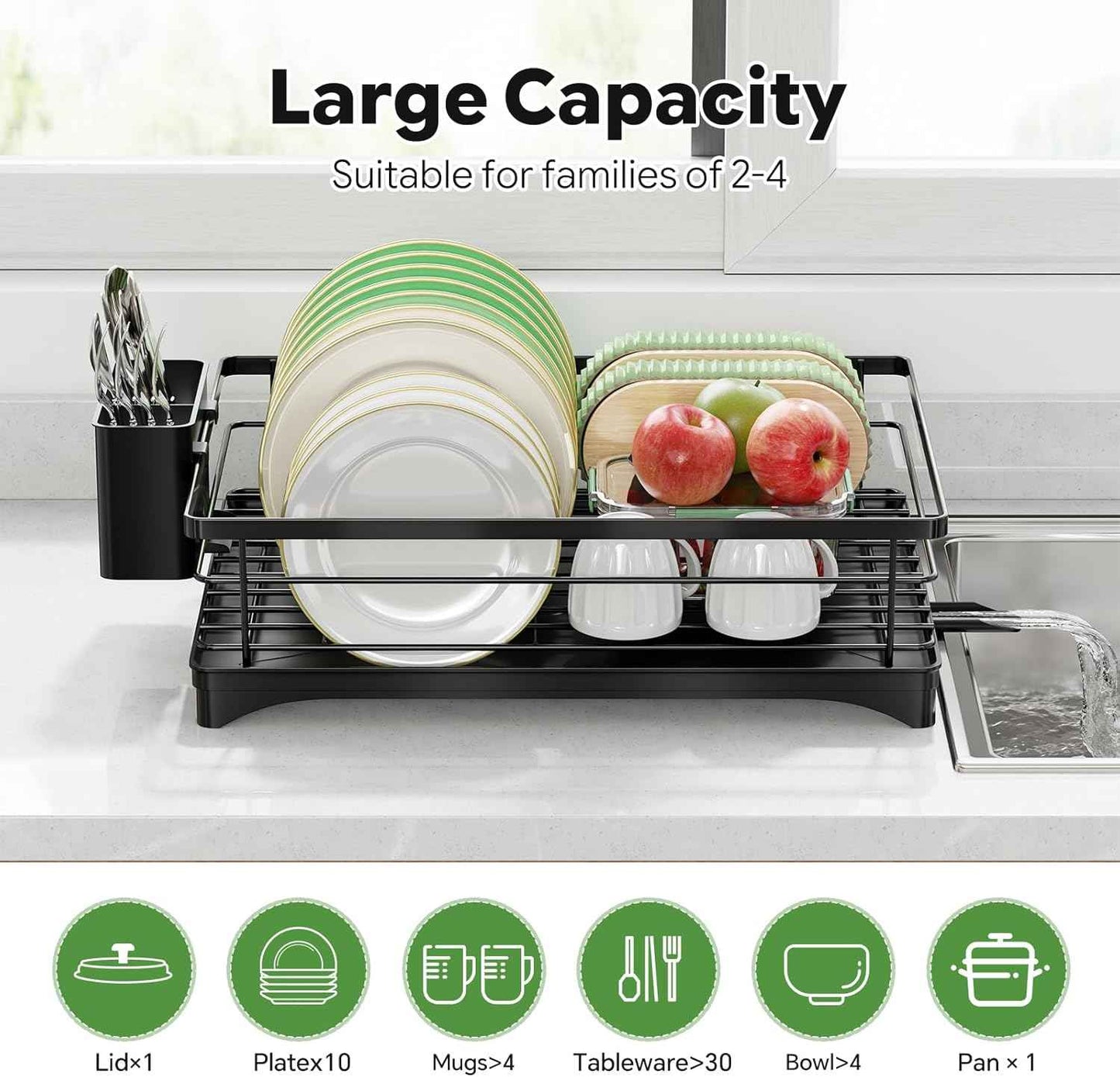 Simple Trending Dish Drying Rack, Stainless Steel Dish Rack for Kitchen Counter, Space-Saving Dish Drainer with Utensil Holder and Drainboard, 12''W x 17''L, Black