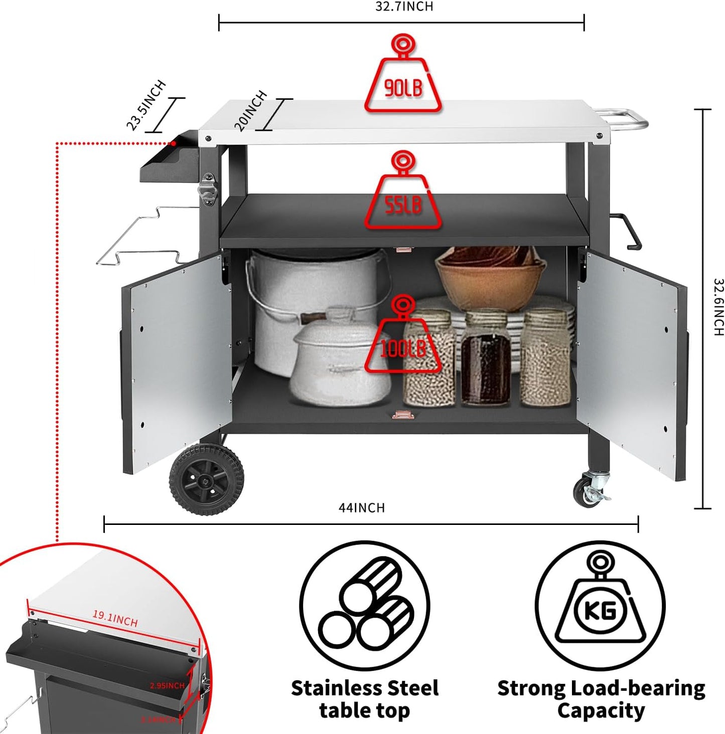 Grill Cart Table with Big Storage Cabinet, Movable Outdoor Dining Cart Pizza Oven Stand, Kitchen Cart Island Multifunction Food Prep Table Stainless Steel Surface