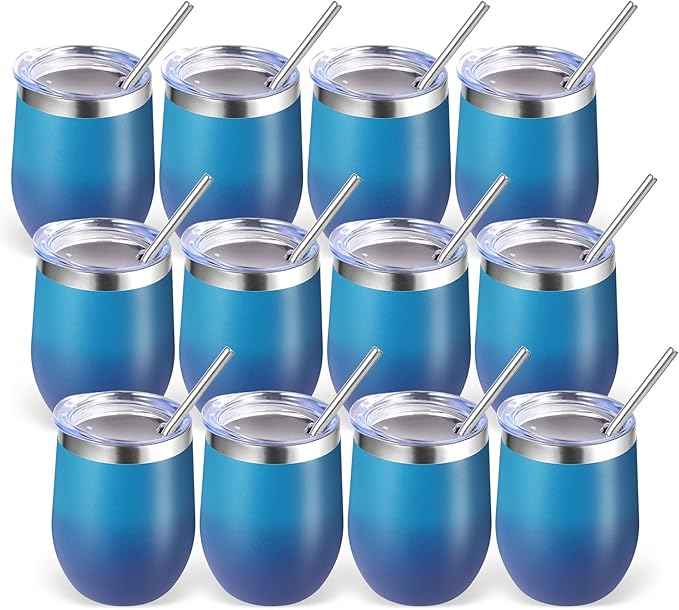 Volhoply 12oz Stainless Steel Wine Tumbler with Lid Bulk 12 Pack,Double Wall Vacuum Stemless Wine Glasses,Reusable Metal Travel Coffe Mug with Straw,Insulated Cup Gift for Christmas（Dark Night,12 Set）
