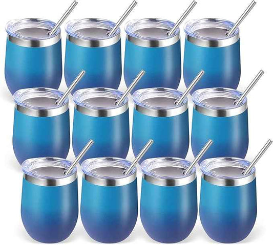 Volhoply 12oz Stainless Steel Wine Tumbler with Lid Bulk 12 Pack,Double Wall Vacuum Stemless Wine Glasses,Reusable Metal Travel Coffe Mug with Straw,Insulated Cup Gift for Christmas（Dark Night,12 Set）
