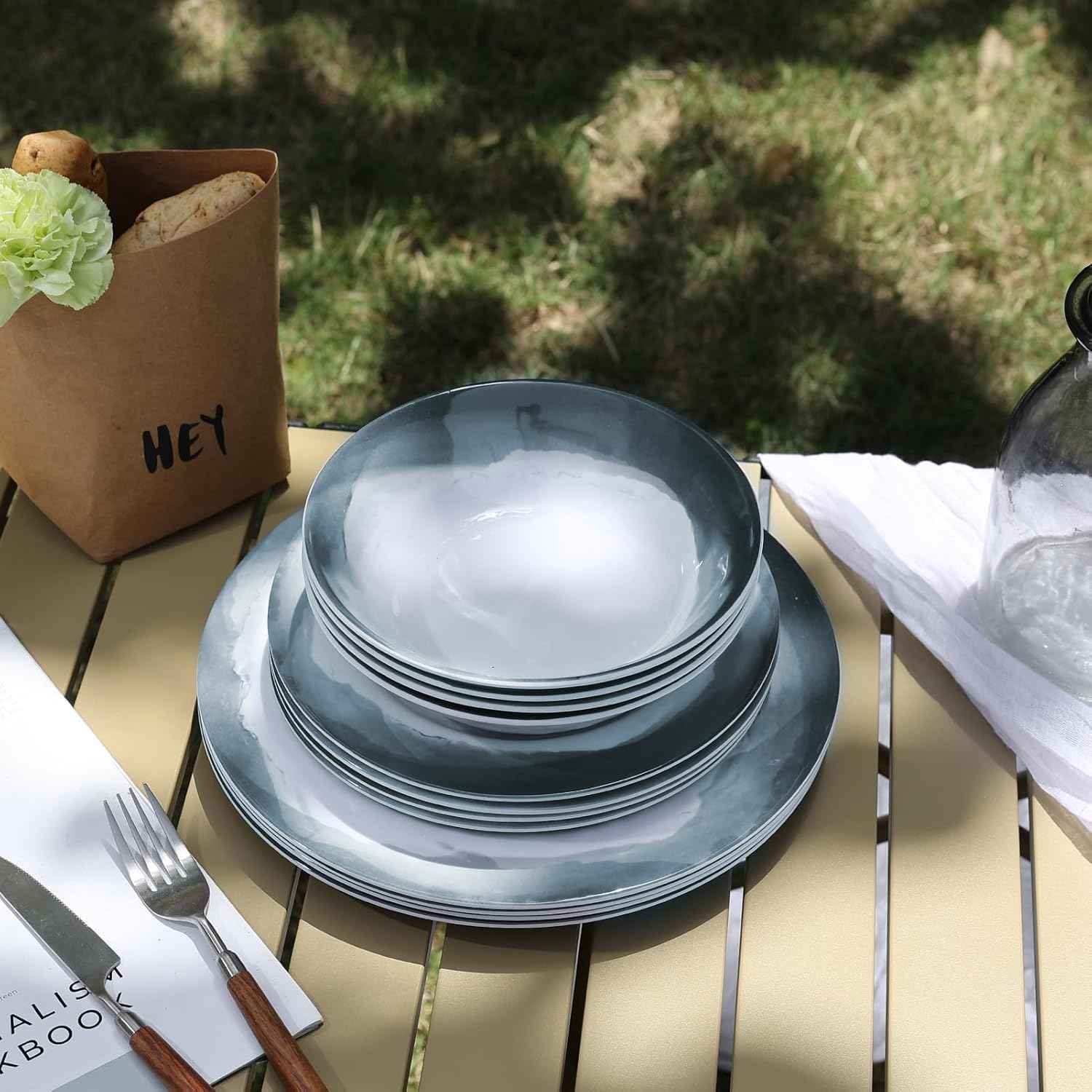 Melamine Dinnerware Sets-12 Pieces Outdoor Plates and Bowls Set for 4, Durable Dinner Plates for Camping Picnics Party, Chip Resistant Dishes, Grey Blue, Dishwasher Safe