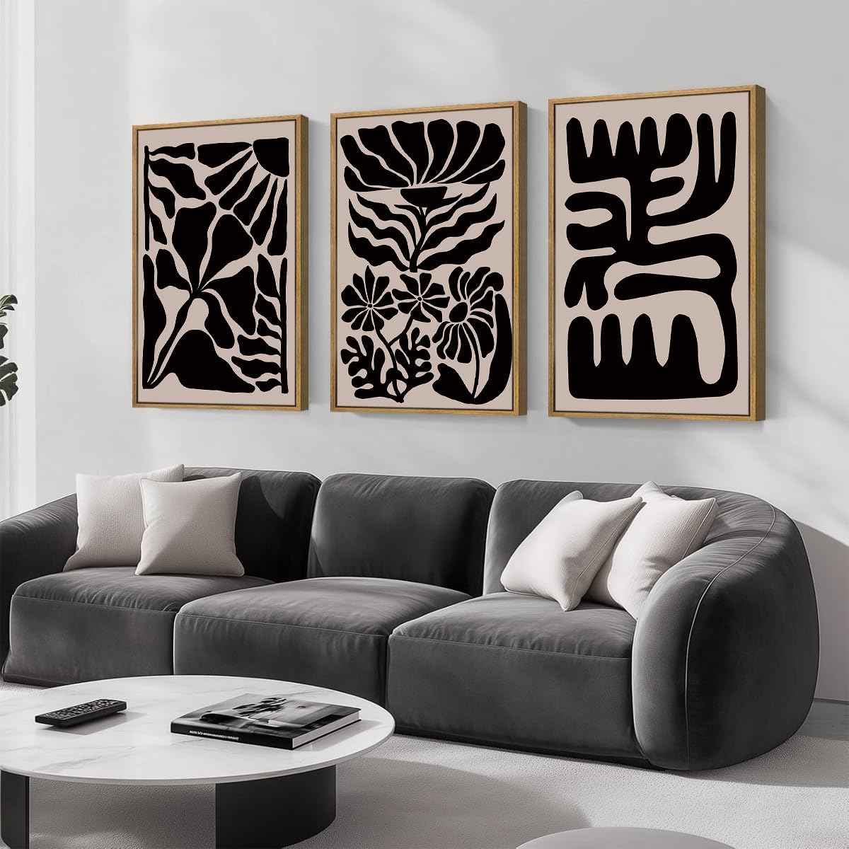 Large Black Boho Wall Art Framed Black Floral Design Artwork Abstract Wall Decor Vintage Wall Painting for Living Room Bedroom Bathroom 24x36 Inch Set of 3