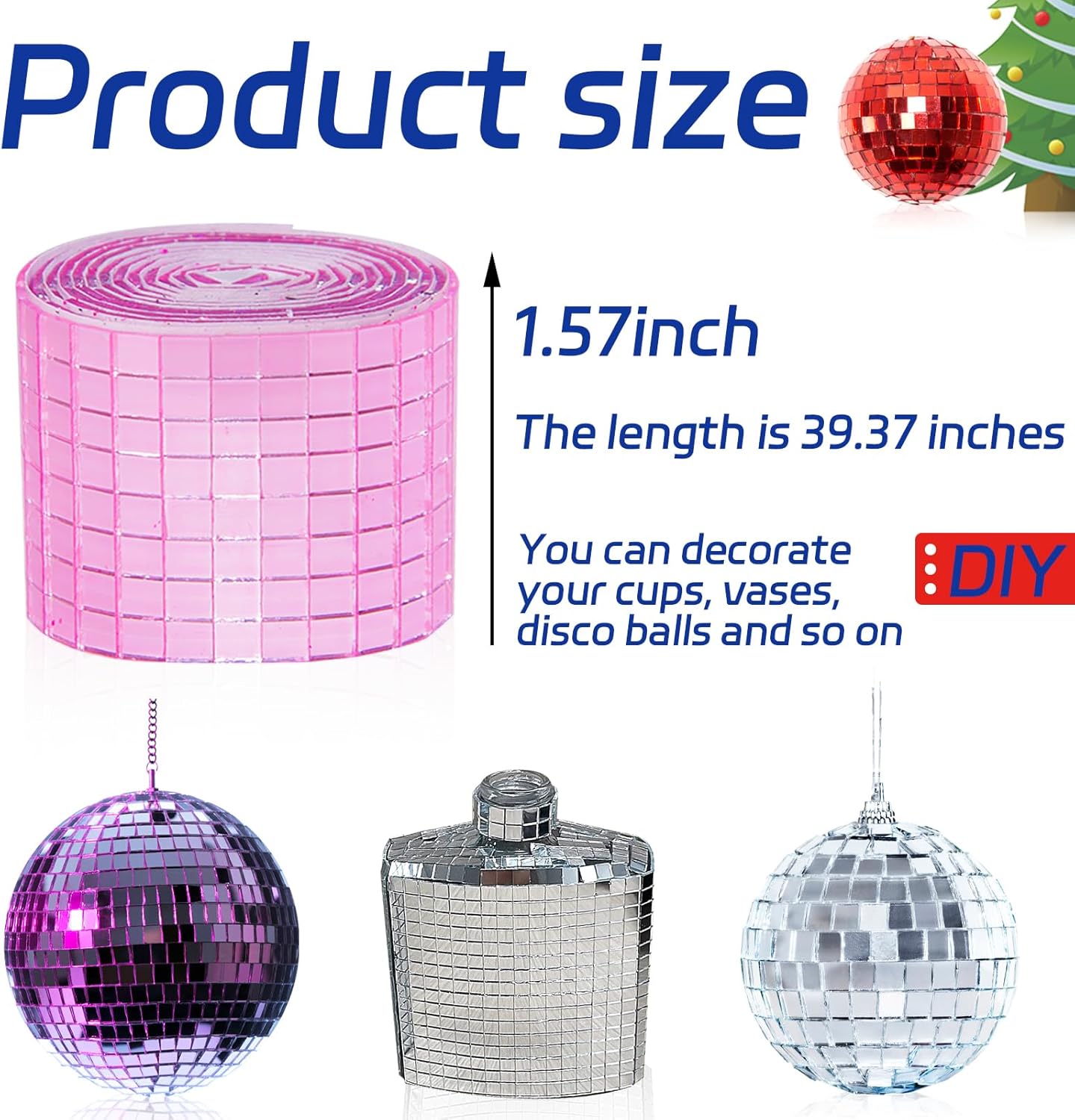 Pink Self-Adhesive Glass Mirror Mosaic Tiles, 5 x 5 mm Square Mirror Tiles, 3200 Pieces Disco Ball Tiles for DIY Craft, 2 Rolls Disco Mirror Tiles for Interior, Art Collage, Card Making, Cups