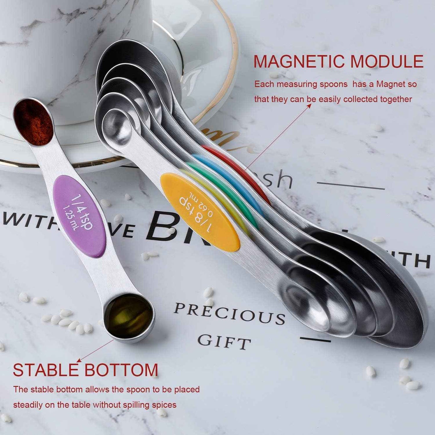 Magnetic Measuring Spoons Set Stainless Steel Stackable Dual Sided Teaspoons and Tablespoons for Measuring Dry and Liquid Ingredients Set of 6