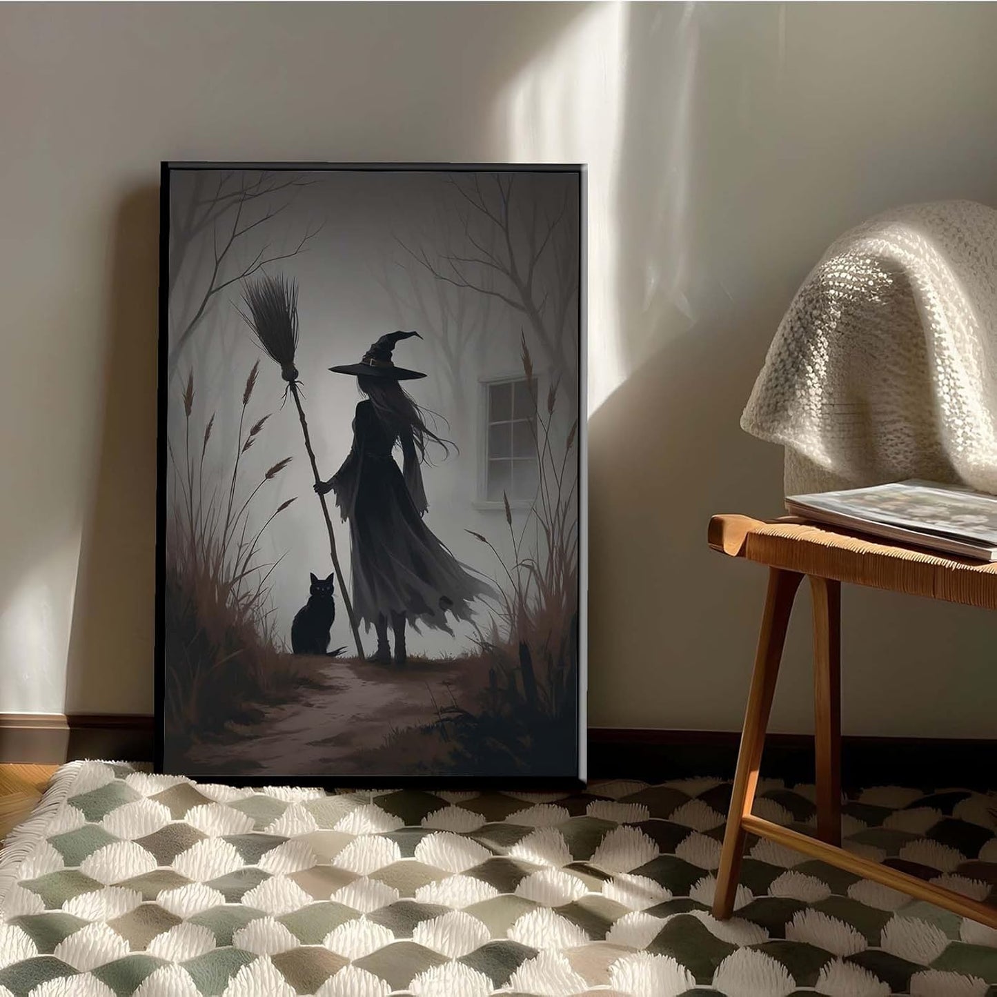 JFHCQJPK Vintage forest witch and black cat poster Halloween mural poster decoration mural art magic suitable for home living room bedroom16x24in Metal blackFramed