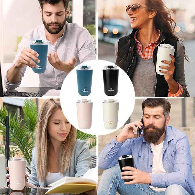 PHILORN Travel Coffee Mug, Coffee Cup-12 OZ Insulated With Lid, White Stainless Steel Coffee Mug with Double Wall, Thermal Cup for Hot & Cold Drinks
