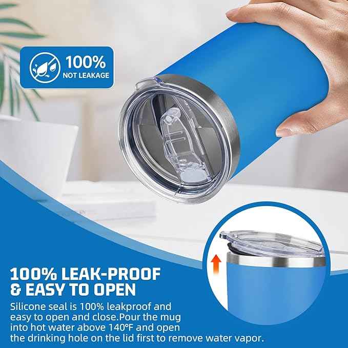 20 oz Tumbler with Lids and Straws, Stainless Steel Insulated Travel Coffee Mug, Double Wall Vacuum Insulated Tumblers, Powder Coated Coffee Tumbler for Cold & Hot Drinks (Sea Blue, 6 Pack)