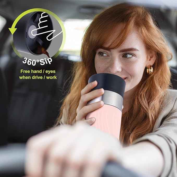 Travel Coffee Mug with 360°Lid, Travel Coffee Tumbler 16 oz Leak Proof, Stainless Steel Insulated Travel Mugs for Hot and Cold Spill Proof Leak Proof(Pink)