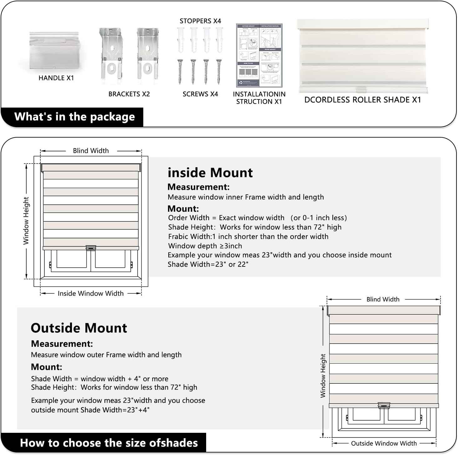 AOSKY Cordless Zebra Blinds for Windows Pull Down Roller Window Shades Dual Layer Light Filtering Privacy for Day and Night, Free-Stop Door Shades for Home Easy to Install (53" W X 72" H, Beige)