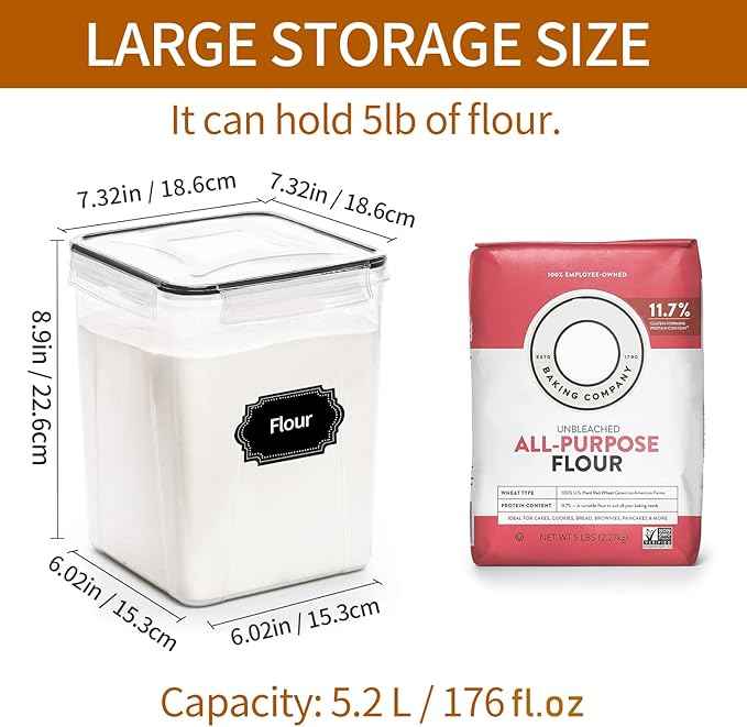 HKJ Chef 4 Pack Large Airtight Food Storage Containers with Lids (5.2L / 176oz), BPA Free Plastic Kitchen and Pantry Organization Contianers for Cereal Flour and Sugar Storage, Labels & Marker