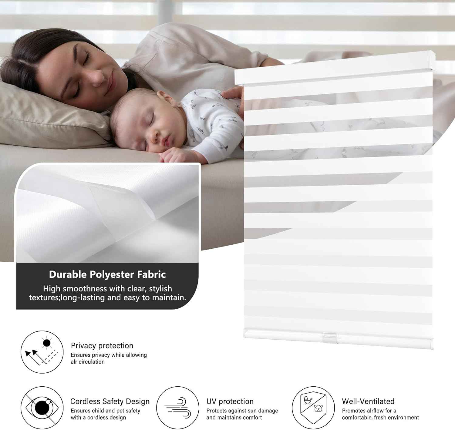 AOSKY Cordless Zebra Blinds for Windows Pull Down Roller Window Shades Dual Layer Light Filtering Privacy for Day and Night, Free-Stop Door Shades for Home Easy to Install (46" W X 72" H, White)