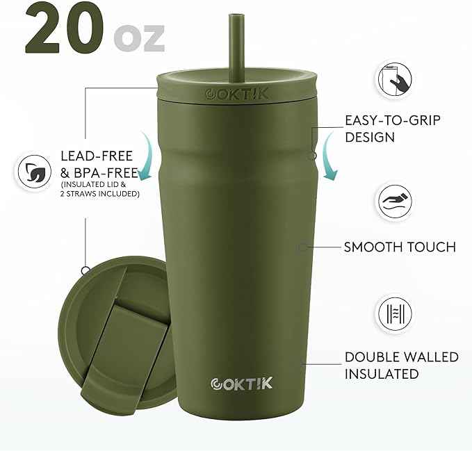 COKTIK 20oz Insulated Tumbler with Lid and Straw Iced Coffee Cup Reusable Stainless Steel Travel Mug Water Bottle Cupholder Friendly for Women Men Her Him (Olive)