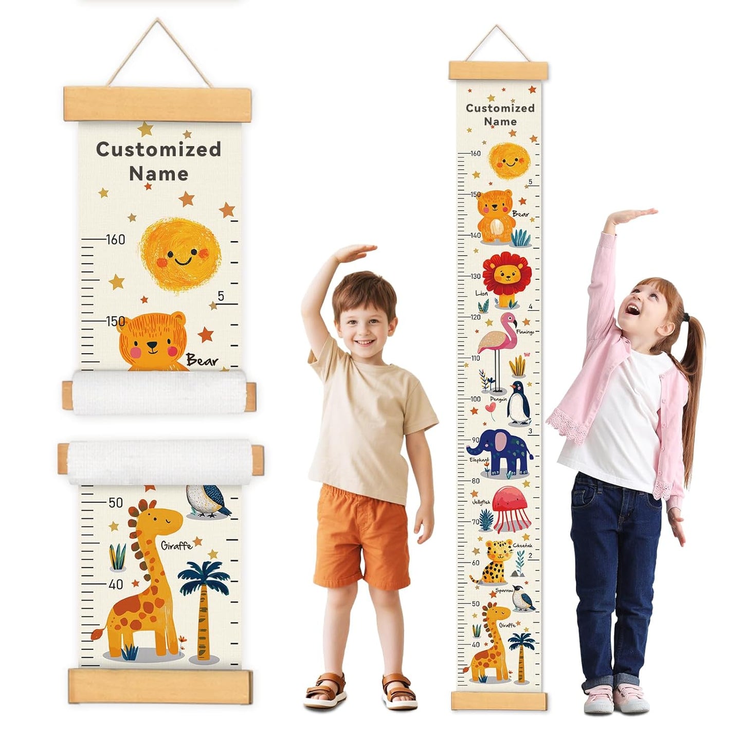 Personalized Name Growth Chart Wall Decor for Kids – Canvas Removable Height Chart Measuring Ruler 59" x 7.9" （Animals）