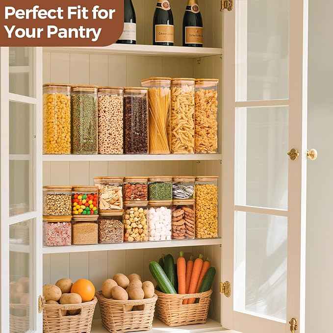 ComSaf 1.2 QT Glass Storage Containers with Lids, Glass Jars with Lids, Clear Food Jar, Square Canister Set of 6, Pantry Organizers and Storage for Cookie Flour Oat Pasta Tea Coffee Bean (Pack of 2)