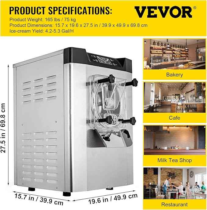 VEVOR Commercial Ice Cream Machine 1400W 20/5.3 Gph Hard Serve Ice Cream Maker with LED Display Screen Auto Shut-Off Timer One Flavors Perfect for Restaurants Snack bar Supermarkets