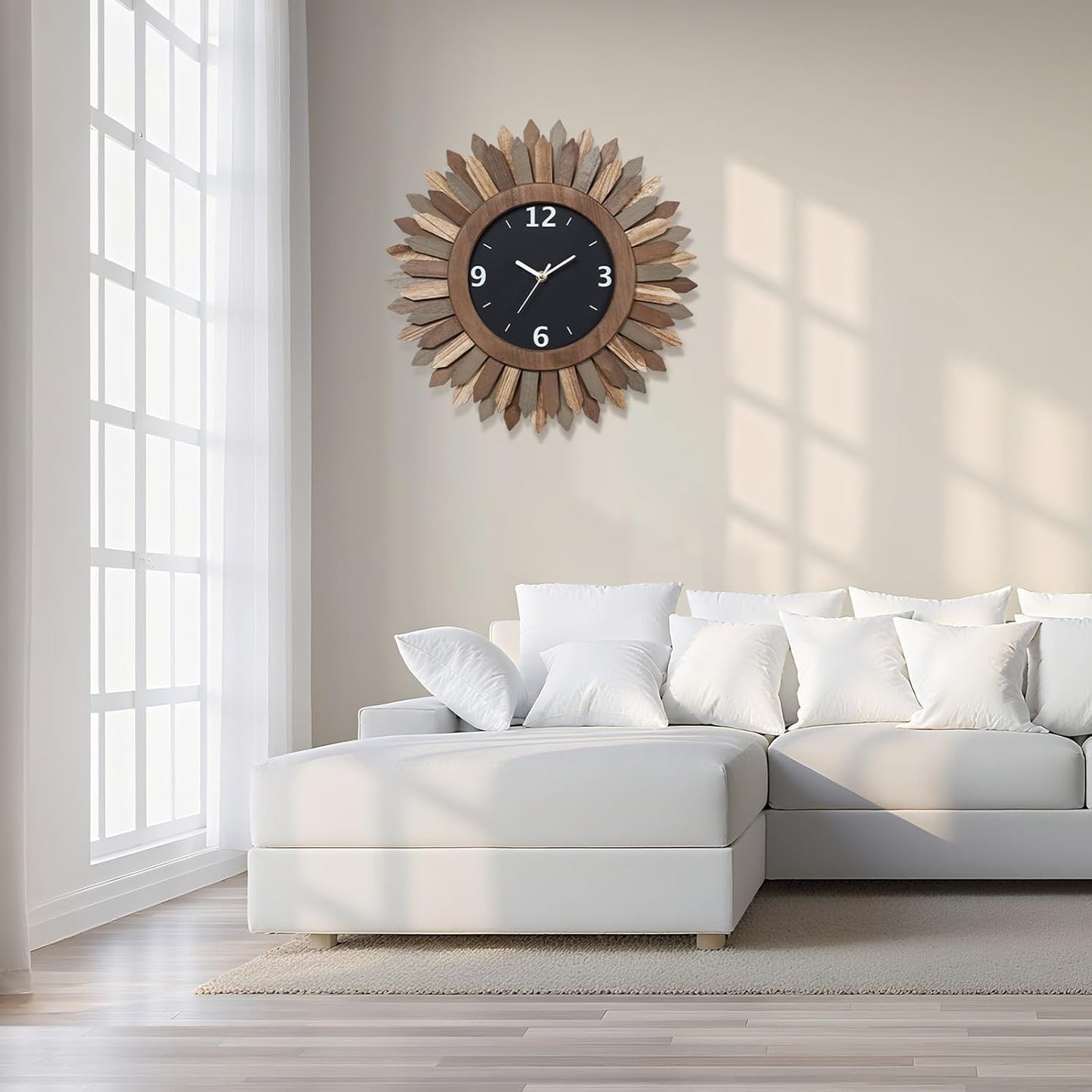 Honiway 16 Inch Wall Clocks, Rustic Wood Boho Sunburst Decorative Wall Clock Battery Operated Silent Non Ticking Farmhouse Large Wall Clocks for Living Room Kitchen Bedroom Home Decor (Tricolor)