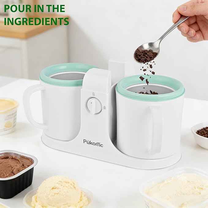 Pukomc Ice Cream Maker Machine for Home Use, with Two Ice Cream Bowls,Simple Operation and Easy to Clean,White Green