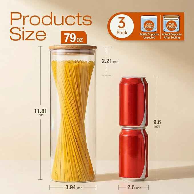 HomArtist Glass Jars with Bamboo Lids 79 FL OZ [Set of 3], Glass Canisters with Airtight Lids, Glass Food Storage Containers for Spaghetti, Fettuccine, Linguine,Pasta, Best for Kitchen & Pantry