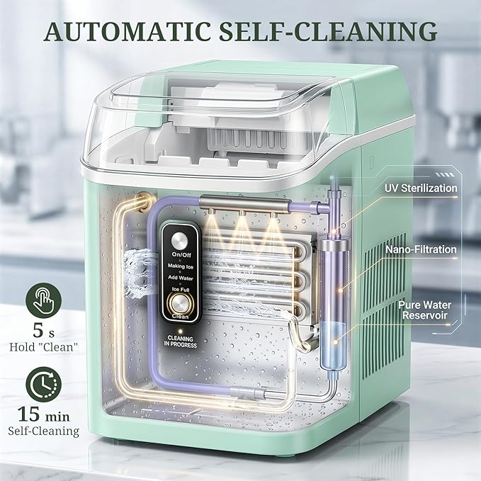 Nugget Ice Maker Countertop, 6-Min Fast Chewable Pellet Ice, 24lbs/24H Portable Ice Machine with Self-Cleaning, Ice Full & Low Water Indicator, Basket & Scoop for Home, Party, RV, Camping (Green)