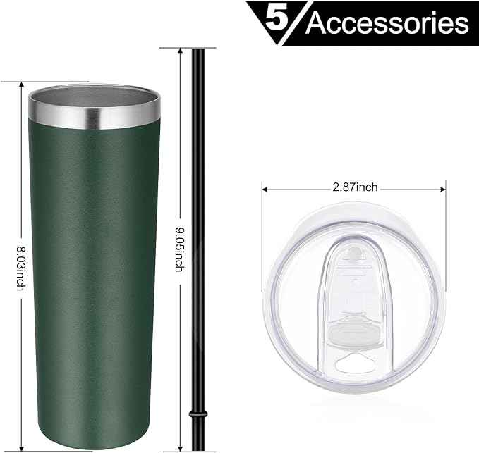 VEGOND Stainless Steel Skinny Tumbler, 20 oz Vacuum Insulated Tumbler with Lid and Straw, Double Wall Coffee Cup, Travel Mug for Cold Hot Drinks, Dark Green 1 Pack
