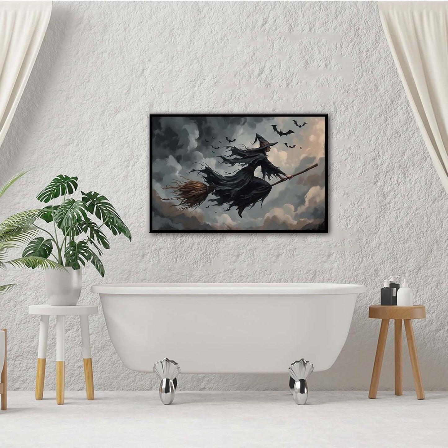 JFHCQJPK Witch and bat flying Halloween poster suitable for home party wall decoration retro Halloween preppy style wall art canvas print suitable for room decoration16x24in Metal blackFramed