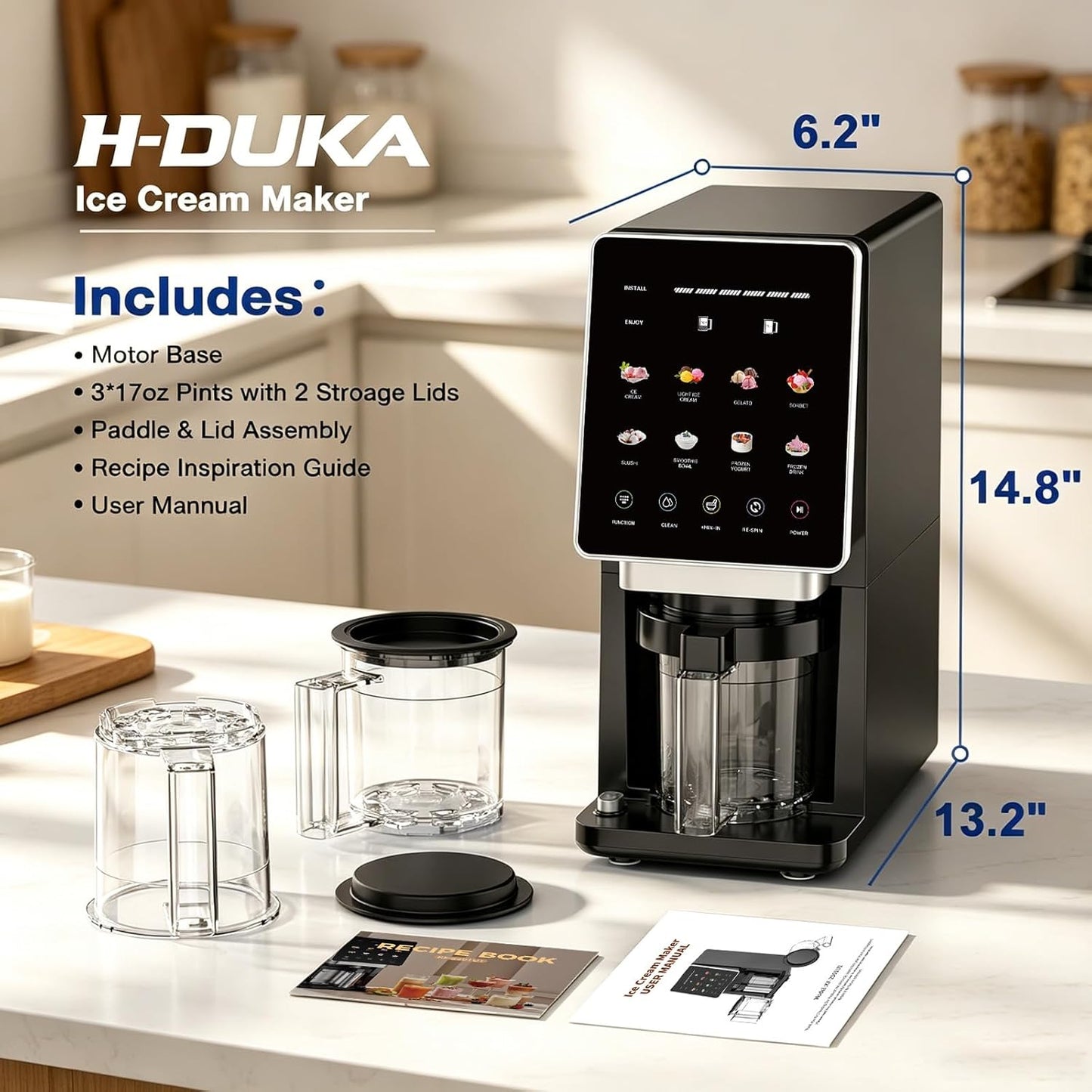H-Duka 10-in-1 Ice Cream Maker Machine, 800W Frozen Treat Maker for Silky Gelato, Sorbet&Slushies, One-Touch Mix-In & Re-Spin for Creamy Texture, Keto & Vegan, Includes 3 Pints & Recipe Guide, Black
