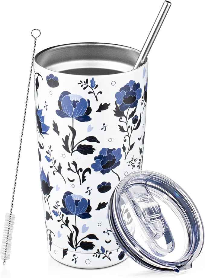 20oz Tumbler with Lid and Straw Double Wall Powder Coated Vacuum Insulated Coffee Tumbler Stainless Steel Travel Coffee Mug Spill-Proof Thermal Cup for Hot and Cold Beverage,Blue and White Porcelain