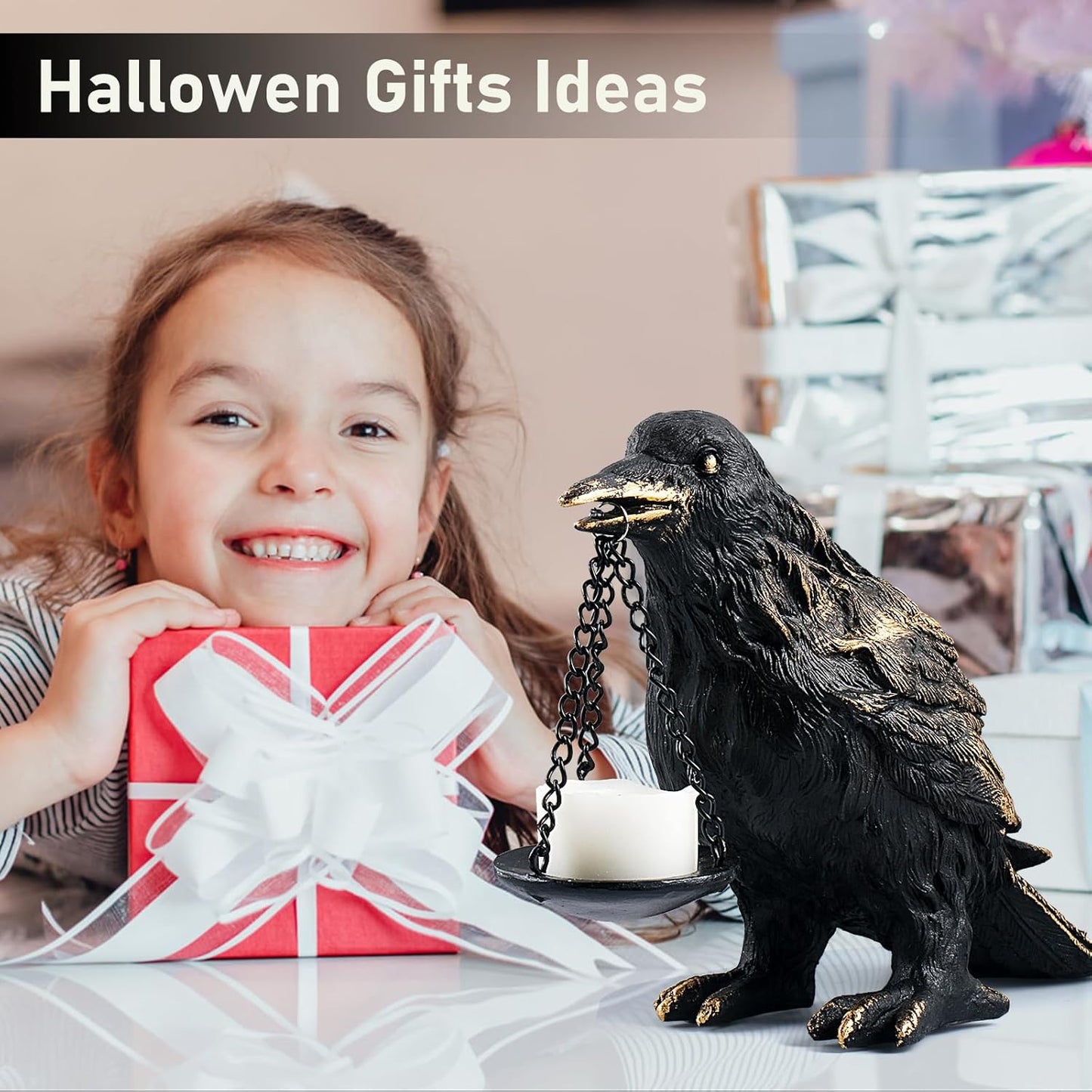 Raven Gothic Home Decor Fake Crow Light Holder Raven Lamp Tealight Candle Holder Resin Raven Statue Wearing Gold 2PCS