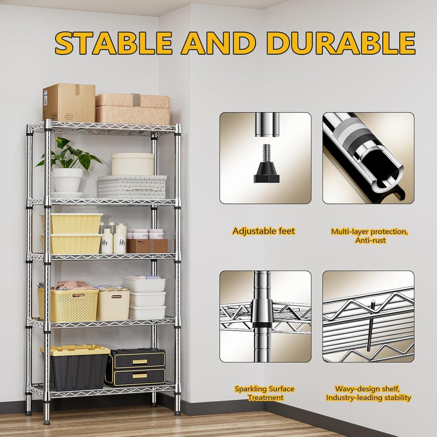1250 lbs 5 Tier Shelf Metal Storage Shelves Shelving Wire Rack Heavy Duty Closet Organizers for Garage Kitchen Bathroom Laundry Chrome 13.8" D x 29.5" W x 59.5" H