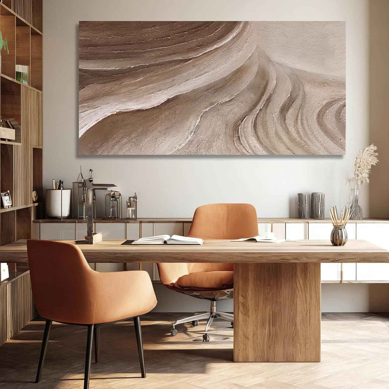 MLART99 Modern Abstract Beige and Brown Canvas Wall Art Textured Minimalist Line Painting Wave-Inspired Artwork for Living Room Bedroom Office Home Decor 24x48 Inch