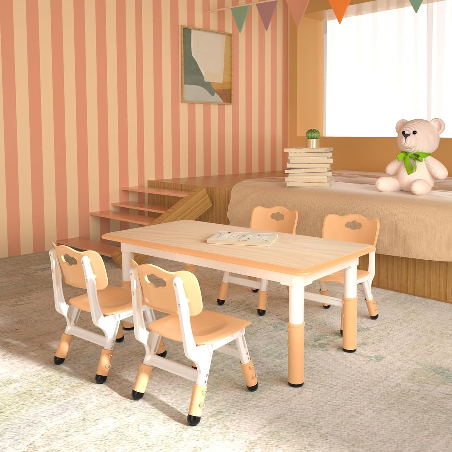 LulliSpace Kids Table and 4 Chairs Set，Height Adjustable Children Table & Chair，Toddlers Study Multi-Activity Table with 47.2"x23.6" Wipe-Clean Desktop，for Classrooms, Homes & Daycares