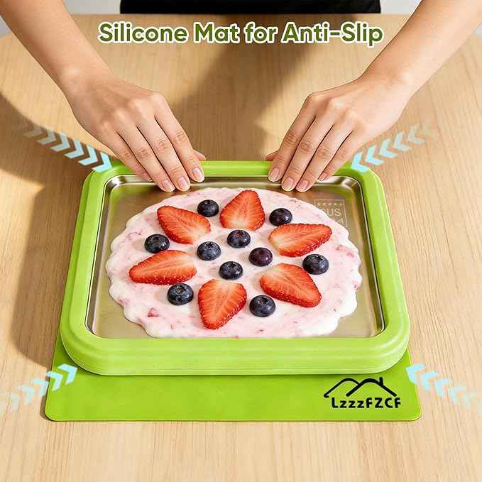 Rolled Ice Cream Maker - 304 Stainless Steel Cool Plate with 2 Spatulas and Lid, Instant DIY Ice Cream Roller Tray for Family Fun (Green)