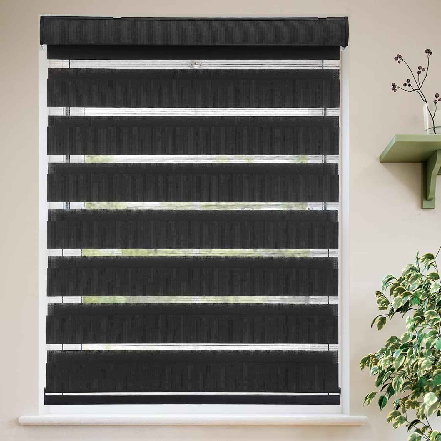 MYshade Roller Shades Zebra Blinds for Indoor Windows Cordless Day and Night Light Filtering Dual Layer Roller Window Blinds & Shades, Easy to Install, Size 22" W x 72" H, Black