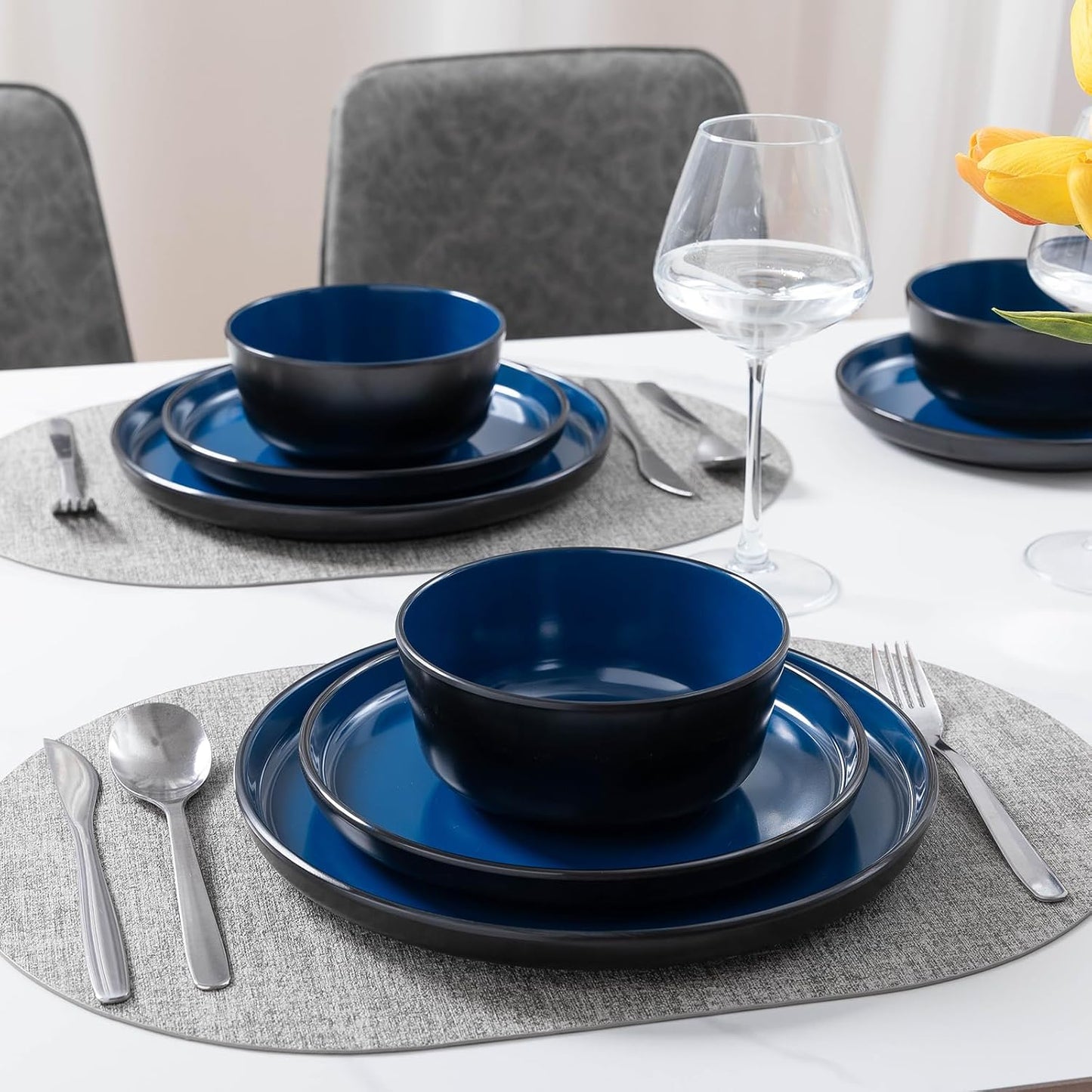 Melamine Dinnerware Sets, 12 Pcs Unbreakable Plates and Bowls Set, Outdoor Dinnerware RV and Camper Dishes Sets for 4, Kitchen Dishes Set for Entertaining, Black and Blue